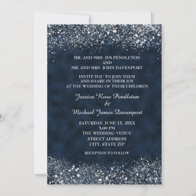 Convite de Casamento em Azul Marinho e Branco com  (Frente)