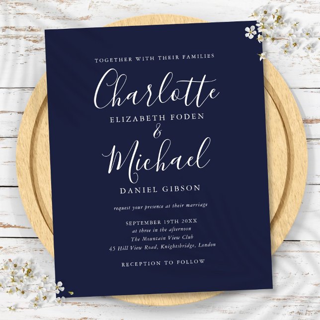 Convite de Casamento em Azul Marinho Orçamento Scr (Budget Navy Blue Script Wedding Invitation)