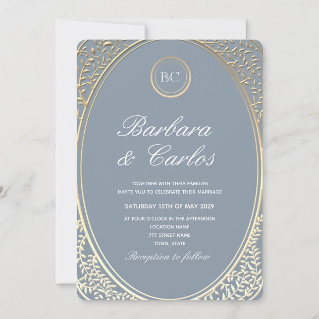 Convite de Casamento em Azul Poeirento Barroco Dou (Frente)