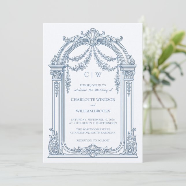 Convite de Casamento em Azul Poeirento com Arco Ba (Em pé/Frente)