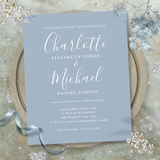 Convite de Casamento em Azul Poeirento com Orçamen (Budget Dusty Blue Script Wedding Invitation)