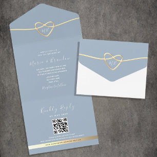 Convite de Casamento em Azul Poento Dourado com Có