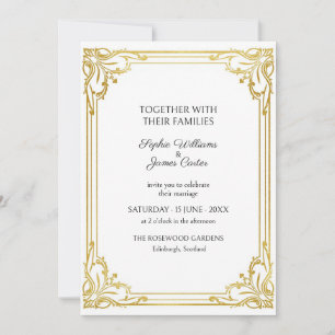 Convite de Casamento em Branco e Dourado Art Nouve