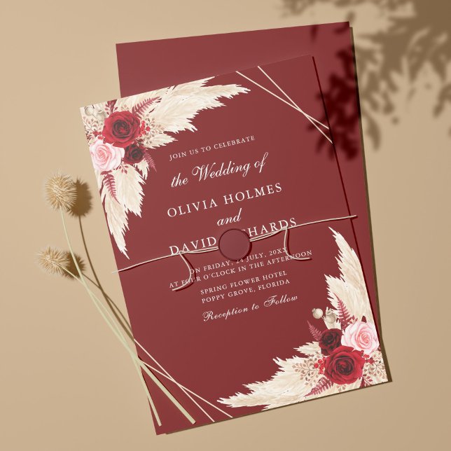 Convite de Casamento em Burgundy e Capim-dos-Pampa (Criador carregado)