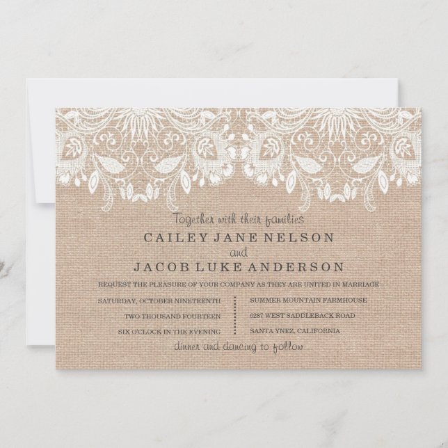 Convite de Casamento em Burlap & Lace (Frente)