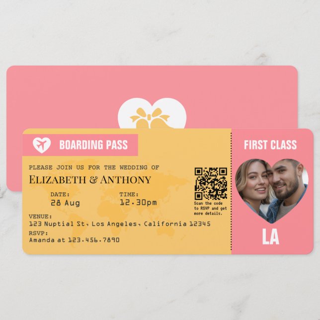 Convite de Casamento em Cartão de Embarque Rosa Pô (Frente/Verso)