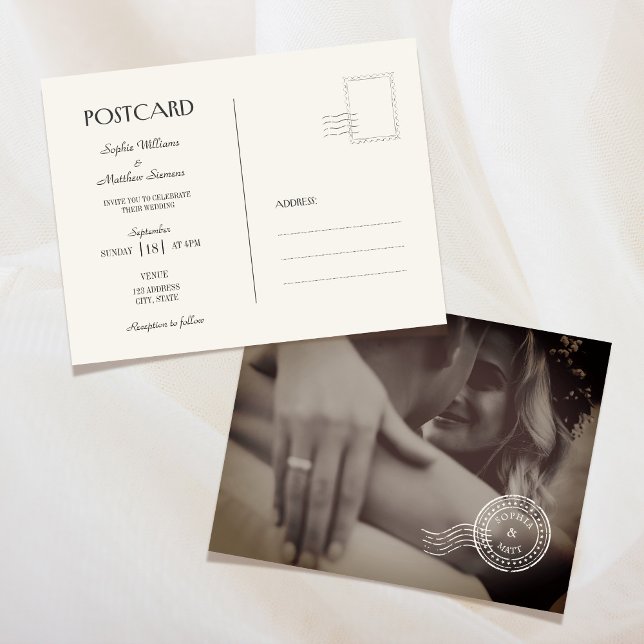 Convite de Casamento em Cartão Postal Clássico Vin (Classic Vintage Photo Wedding Invitation Postcard)