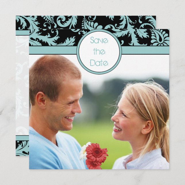 Convite de Casamento em Cetim Azul Água Preto (Frente/Verso)