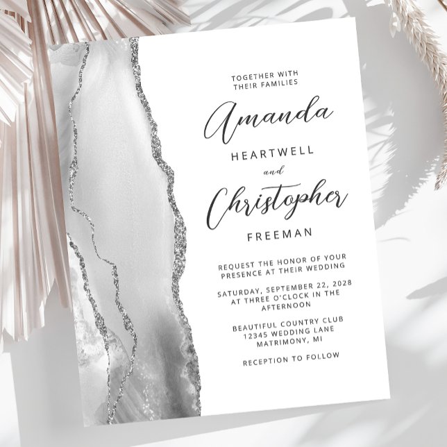 Convite de Casamento em Cinza Branco Prata Ágata E (Criador carregado)