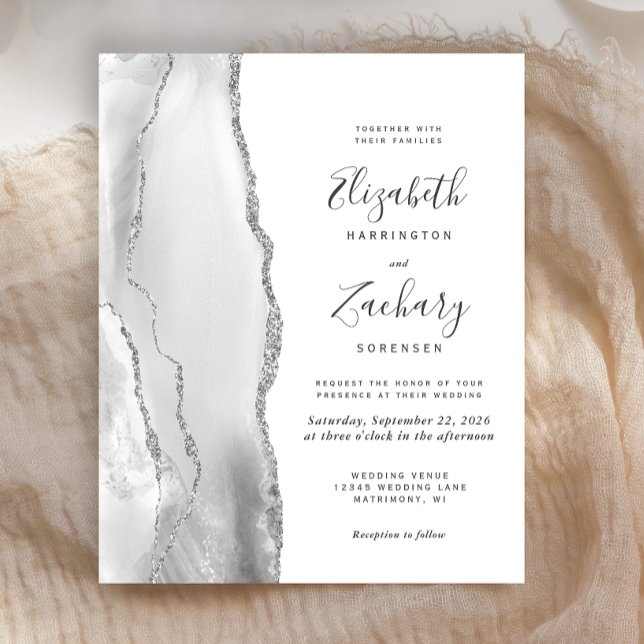 Convite de Casamento em Cinza Branco Prata Ágata E (Criador carregado)