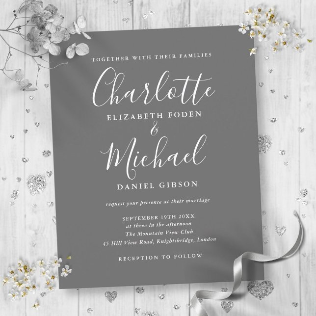 Convite de Casamento em Cinza e Branco com Letra S (Budget Gray And White Script Wedding Invitation)