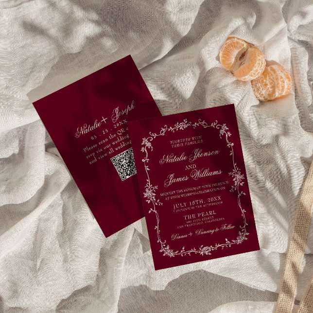 Convite de casamento em código QR floral vermelho  (Criador carregado)