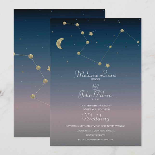 Convite de Casamento em Constellação Lunar com Fol (Frente/Verso)