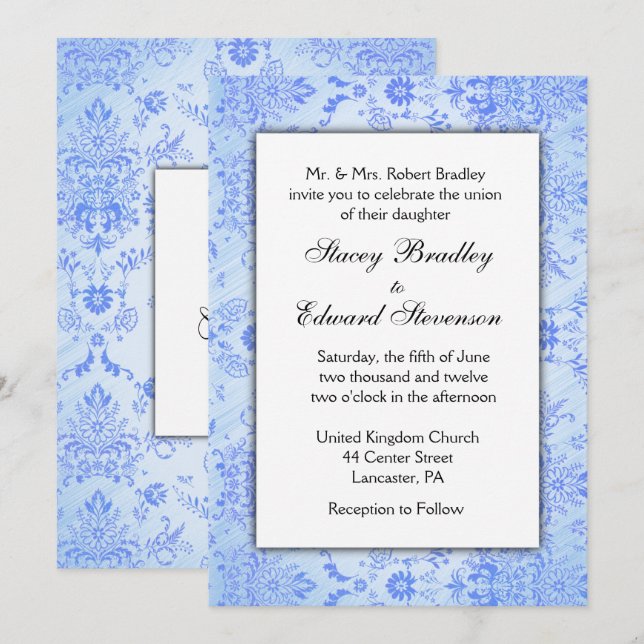 Convite de Casamento em Damasco Azul (Frente/Verso)