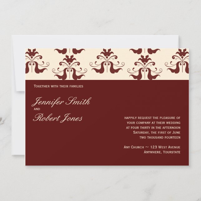 Convite de Casamento em Damasco Burgundy e Creme (Frente)