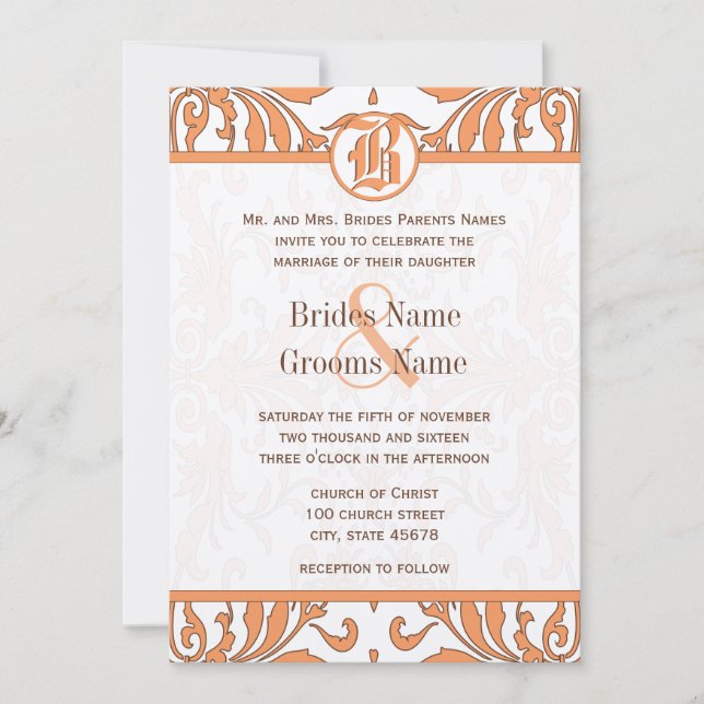 Convite de Casamento em Damasco Coral e Marrom Vin (Frente)