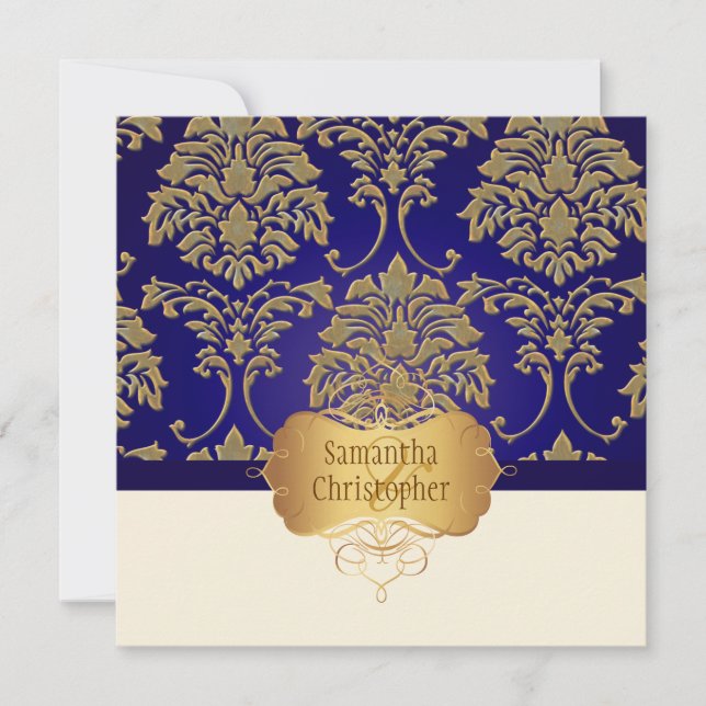Convite de casamento em damasco dourado/prateado f (Frente)