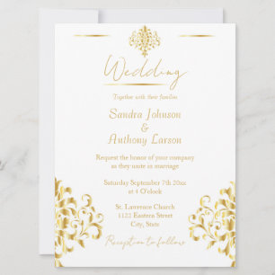 Convite de Casamento em Damasco Elegante Dourado e