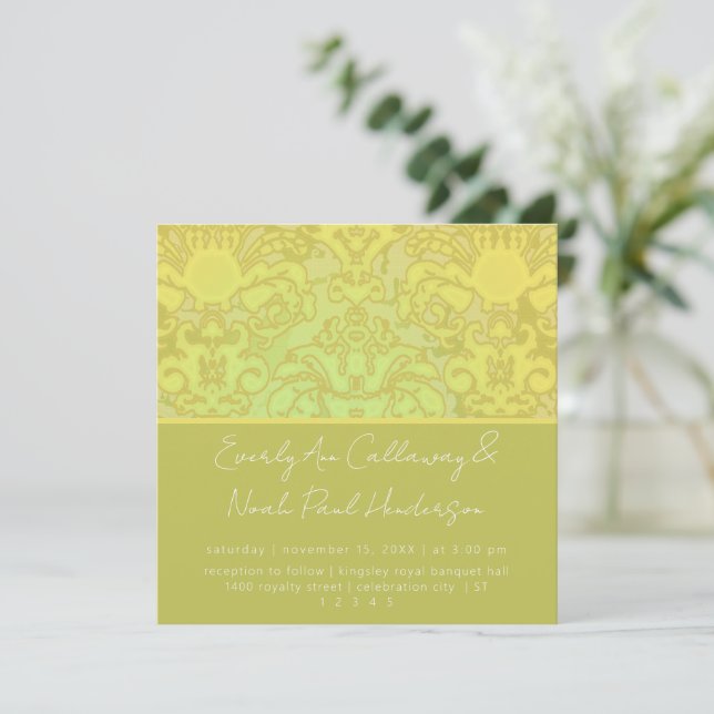 Convite de Casamento em Damasco Oliva e Dourado (Em pé/Frente)
