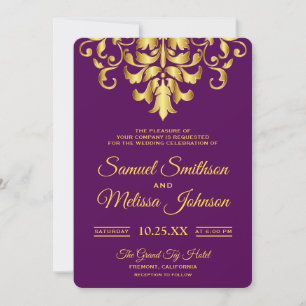 Convite de Casamento em Damasco Roxo Dourado Elega