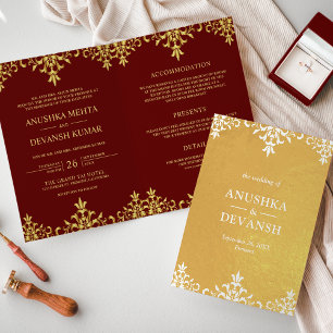 Convite de Casamento em Damasco Vermelho Dourado E