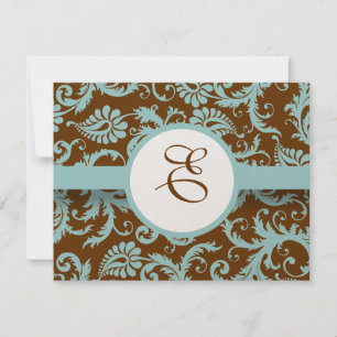 Convite de Casamento em Damask Azul Água em Marrom