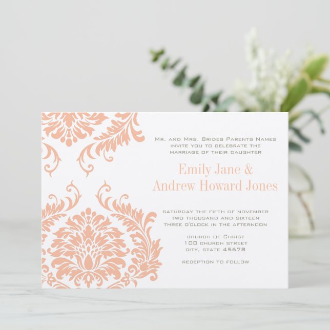 Convite de Casamento em Damask com Coral e Cogumel (Em pé/Frente)
