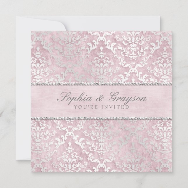 Convite de Casamento em Damask Glimmer Rosa Bebê (Frente)