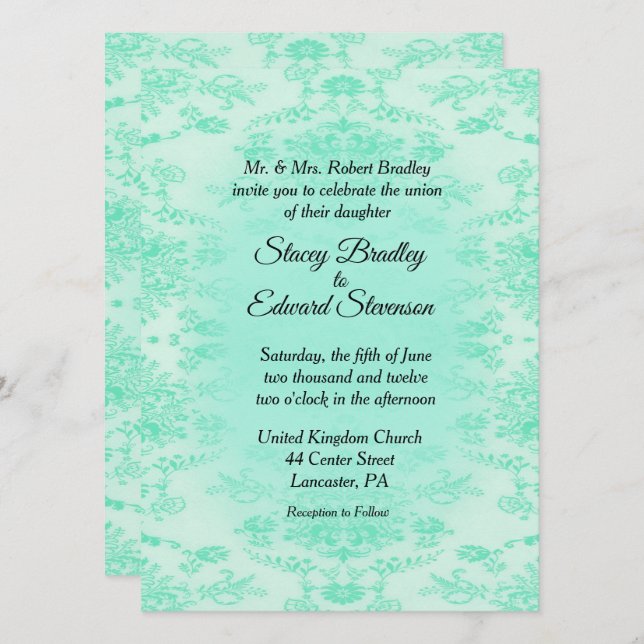 Convite de Casamento em Damask Verde Menta (Frente/Verso)