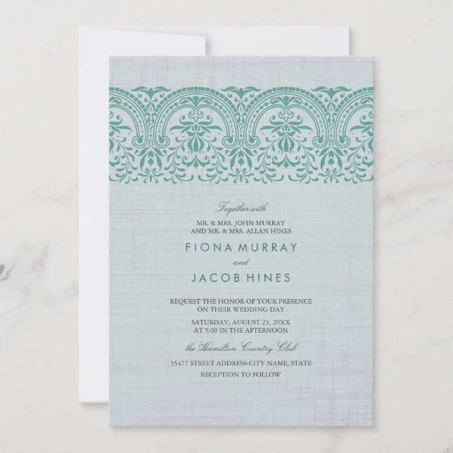 Convite de Casamento em Damask Vintage Azul Turque (Frente)