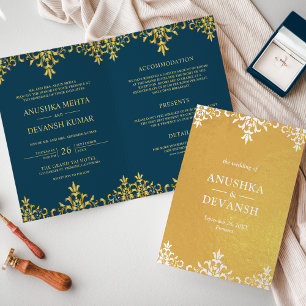 Convite de Casamento em Damasko Azul Dourado Estil
