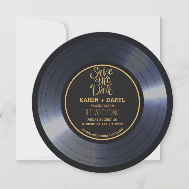 Convite de casamento em disco de vinil preto retrô (Frente)