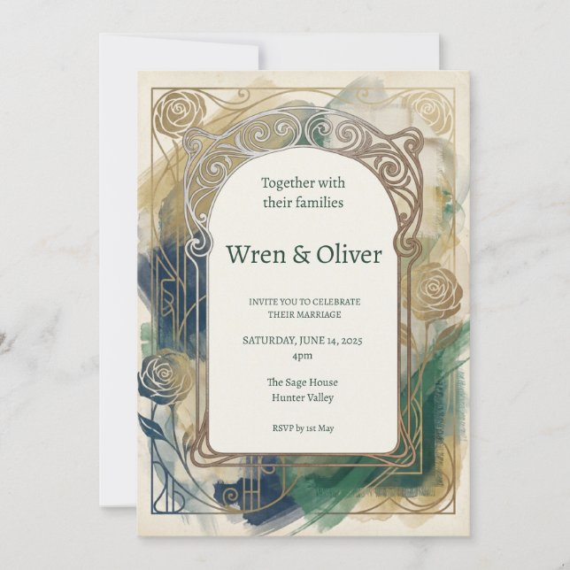 Convite de Casamento em Dourado Botânico Verde Tea (Frente)