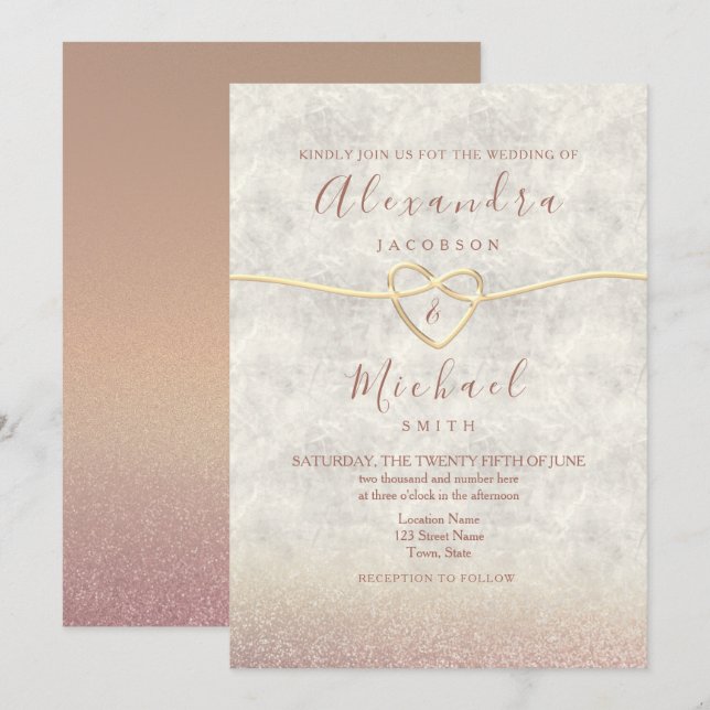 Convite de Casamento em Dourado Rosa Elegante (Frente/Verso)