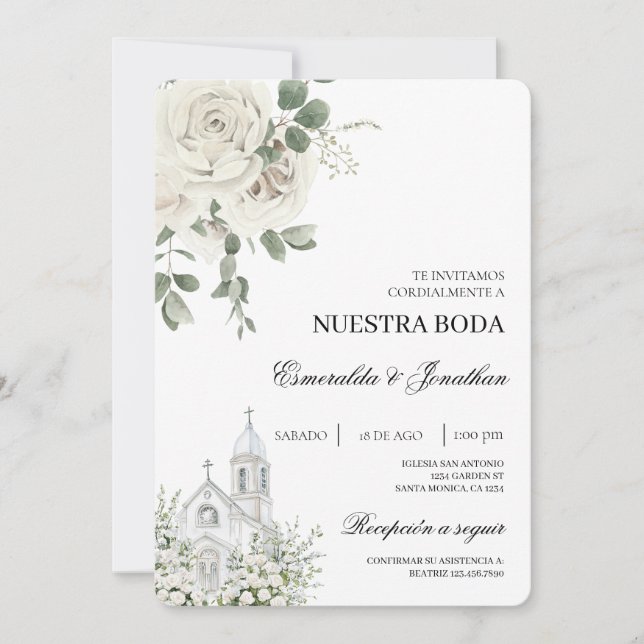 Convite de casamento em espanhol com flores branca (Frente)