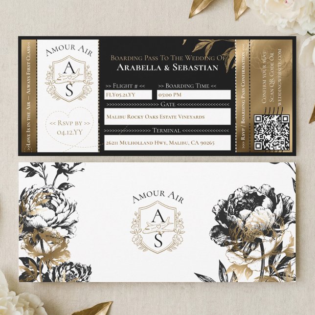 Convite de Casamento em Estilo Passagem Aérea Flor (Black Gold Floral Boarding Plane Ticket Wedding Invitation)