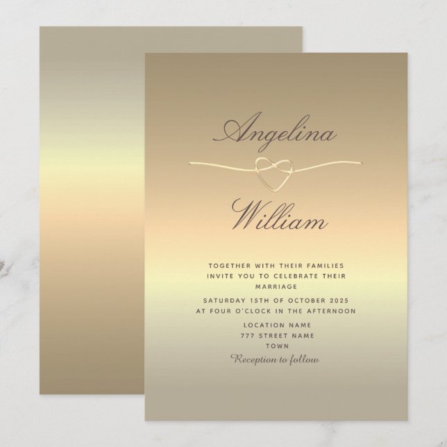 Convite de Casamento em Faux Dourado com Letra Ele (Frente/Verso)