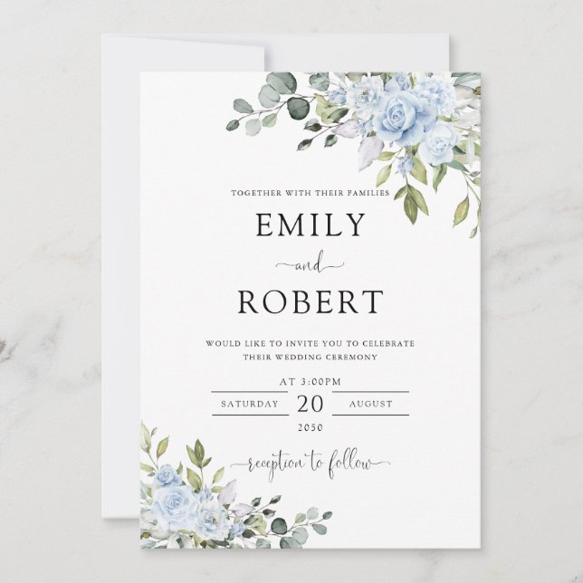 Convite de Casamento em Floral Eucalipto Azul Empo (Frente)