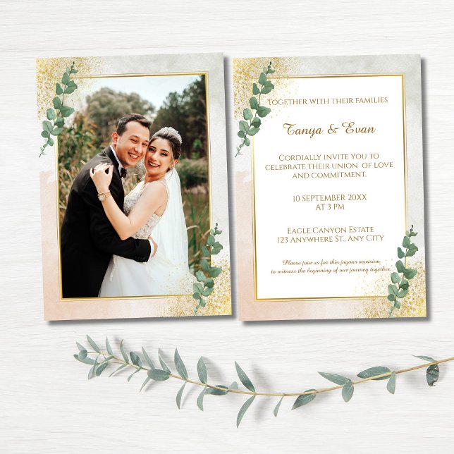 Convite de Casamento em Foto Verde e Dourado Elega (Elegant Green & Gold Photo Wedding Invite)