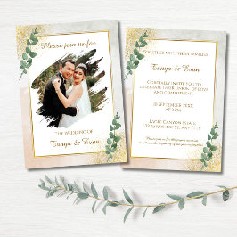 Convite de Casamento em Foto Verde e Dourado Elega