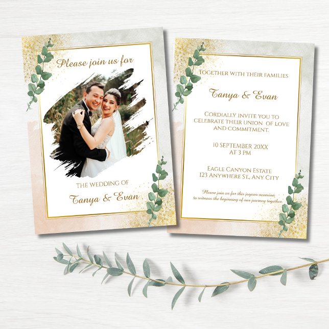 Convite de Casamento em Foto Verde e Dourado Elega (Elegant Green & Gold Photo Wedding Invitation)