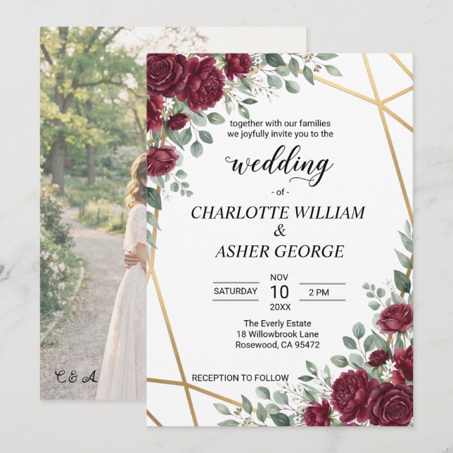 Convite de Casamento em Geometria Dourada e Rosa V (Frente/Verso)