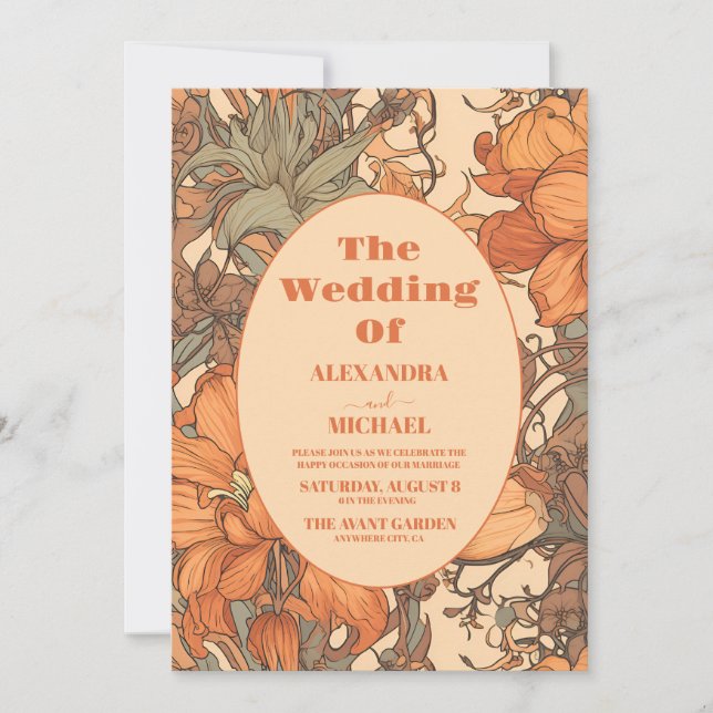 Convite de Casamento em Laranja Queimada Floral Ar (Frente)