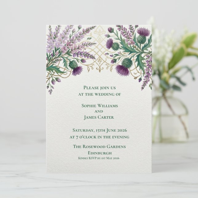 Convite de Casamento em Lavanda e Dourado com Card (Em pé/Frente)