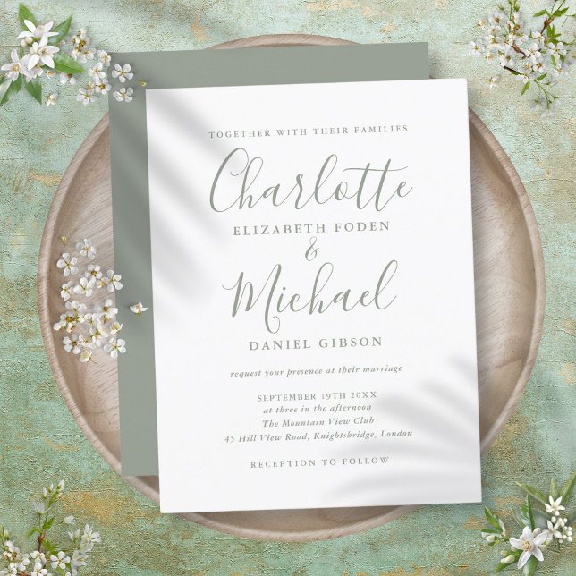Convite de Casamento em Letra de Cursivo Verde Sag (Minimalist Sage Green Script Wedding Invitation)