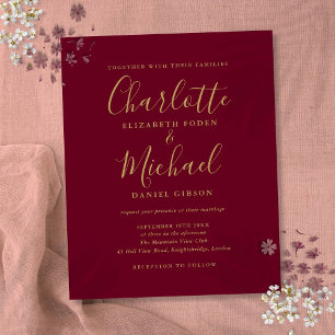 Convite de Casamento em Letra Dourada Burgundy Eco