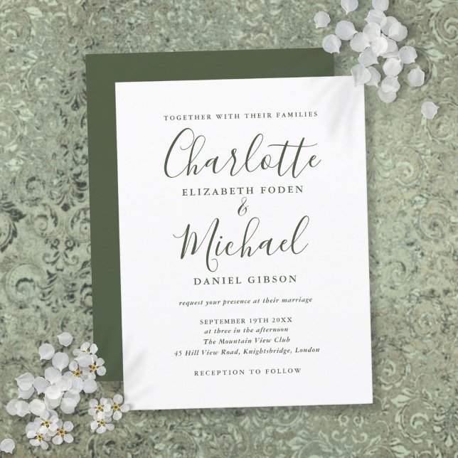 Convite de Casamento em Letra Oliva Minimalista (Minimalist Olive Green Script Wedding Invitation)