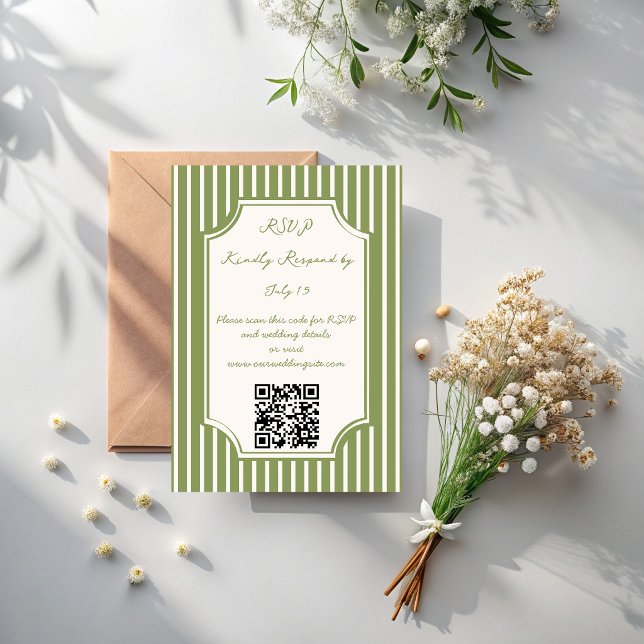 Convite de casamento em listras verde sálvia vinta (Sage green hand drawn vintage stripes wedding QR RSVP Card)