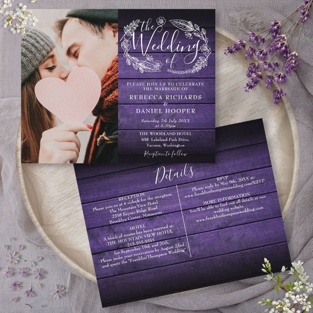 Convite de Casamento em Madeira Roxa com Foto (Budget All In One Purple Wood Photo Wedding Invite)