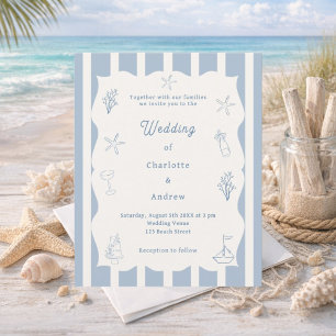 Convite de casamento em marfim azul da praia desen